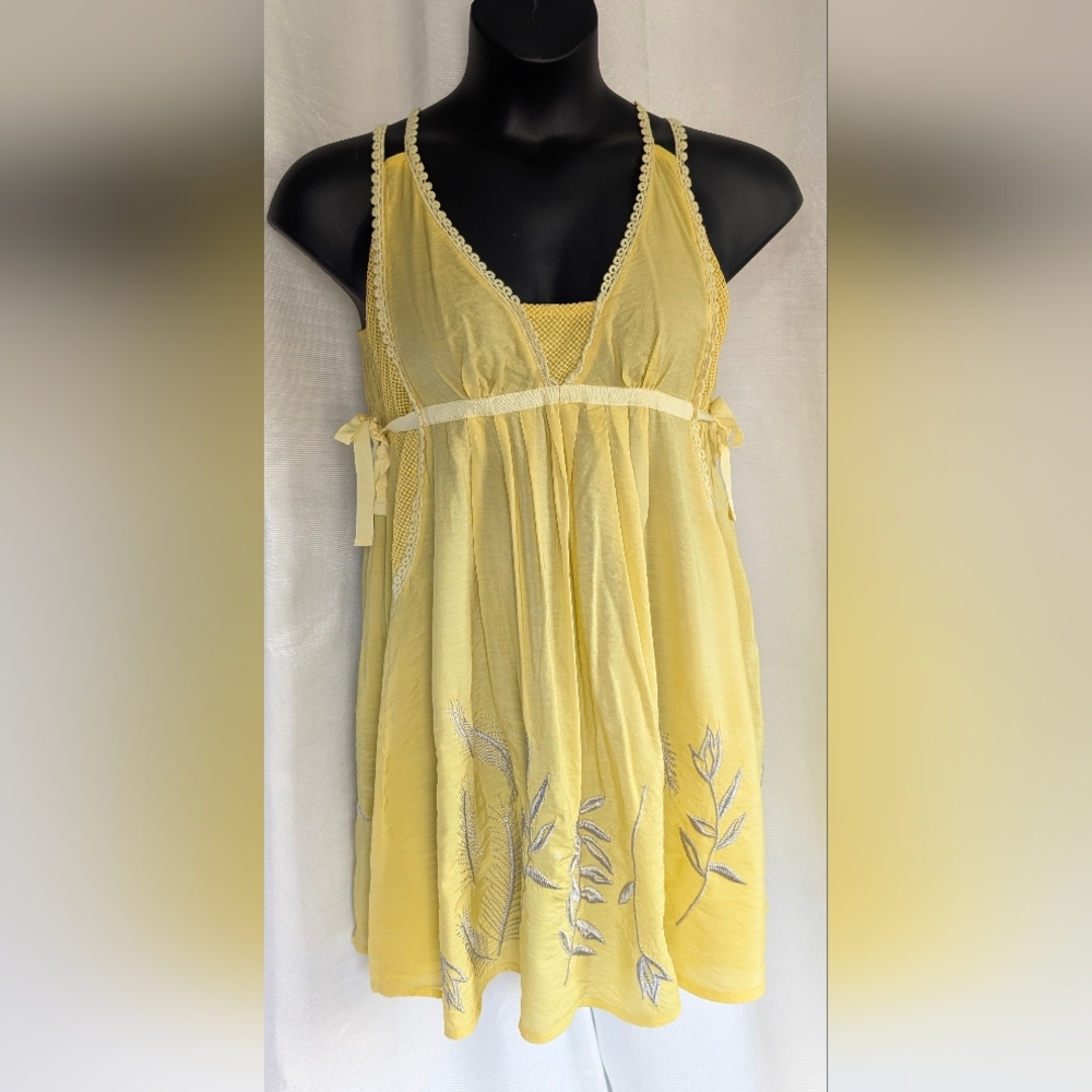 Cecico Pale Sunny Yellow with Tan Embroidery & Lace Trim Mini Dress